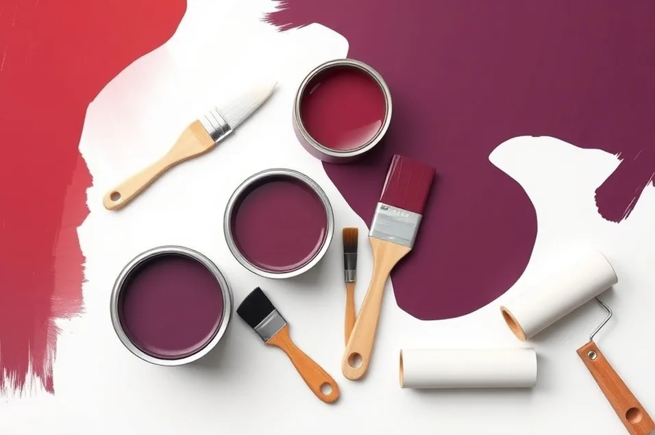 Pots de peinture, nuancier, brosses et rouleaux disposés à plat