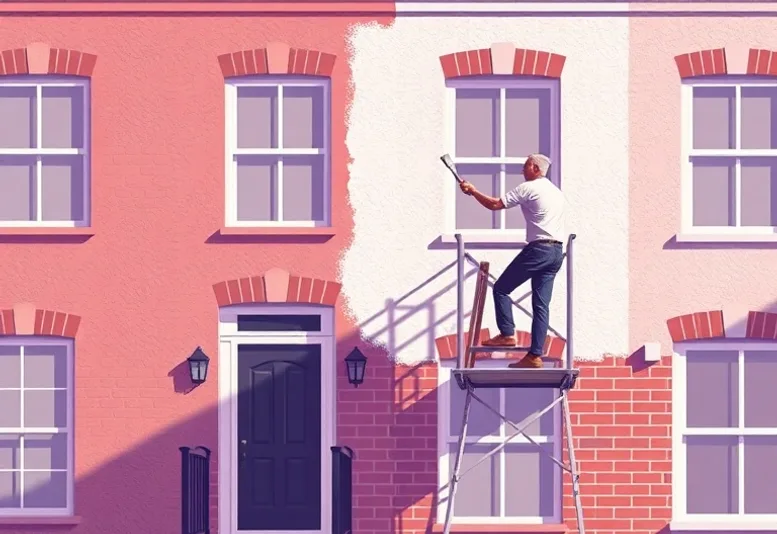 Peintre sur échafaudage traitant la façade d'une maison