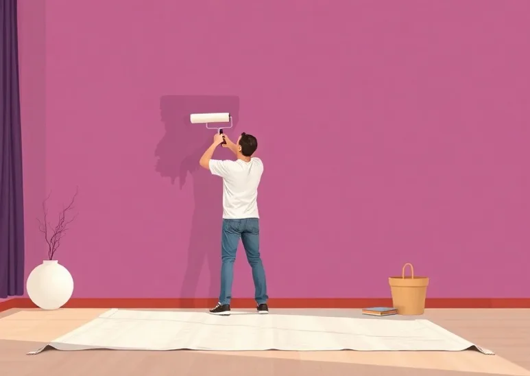 Peintre appliquant la peinture au rouleau sur un mur de salon